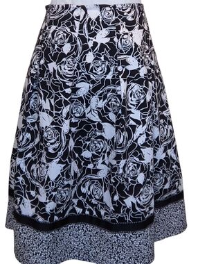 Notations Black White Abstract Floral Print A Line Cotton Stretchy Skirt Large